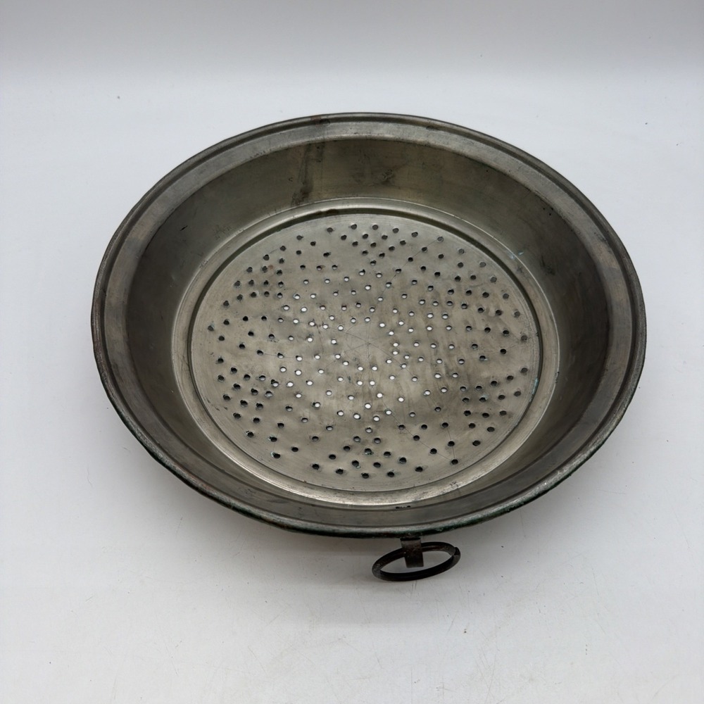 Antique Strainer Copper Tin Lined Primitive RARE Colander Large Hang Ring